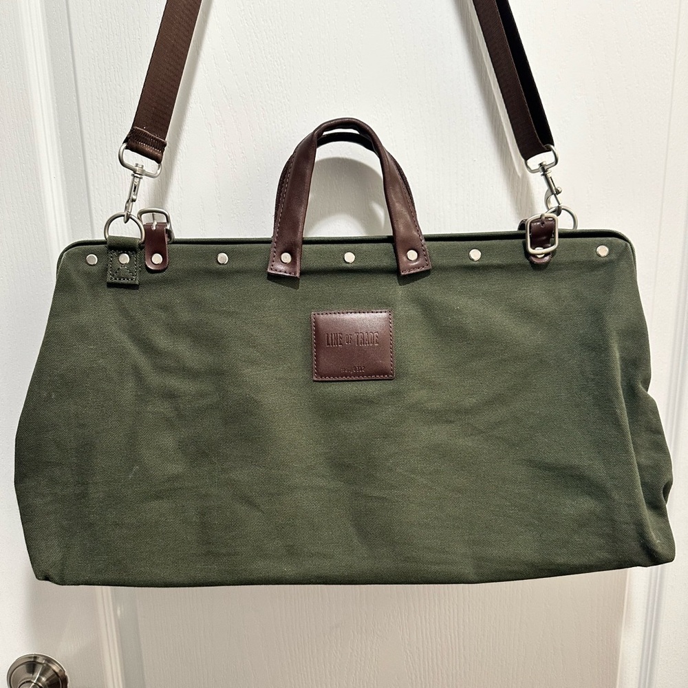 Canvas Weekender Bag LINE OF TRADE Olive Green Canvas Leather Trim - NWOT
